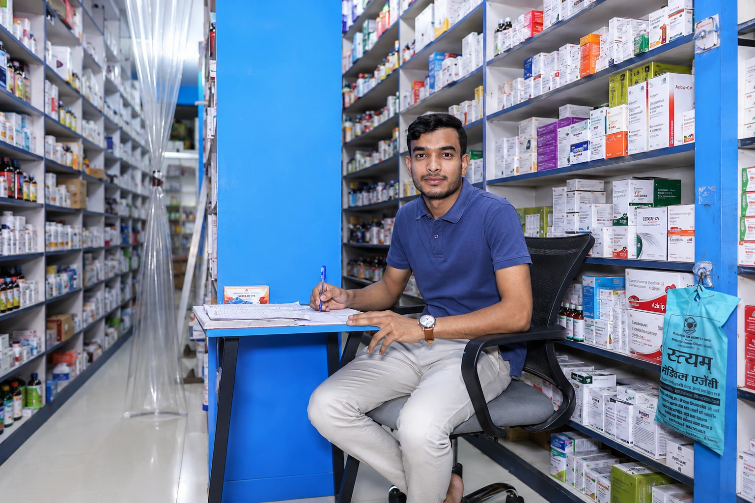 Pharmacist preparing an order at Satyam Medical Agency